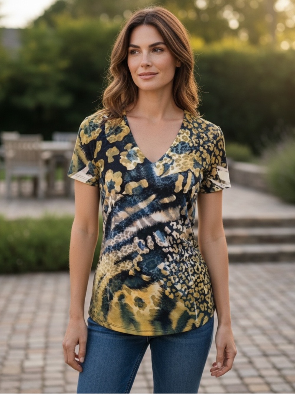 No Label Abstract Print V-Neck Tee Shirt Size L